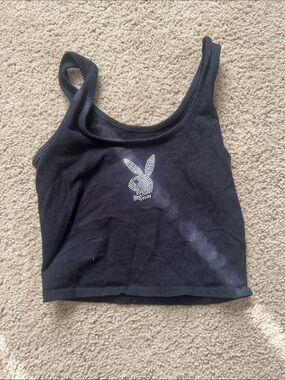 PLAYBOY Black Rhinestone Bunny Cropped Tank